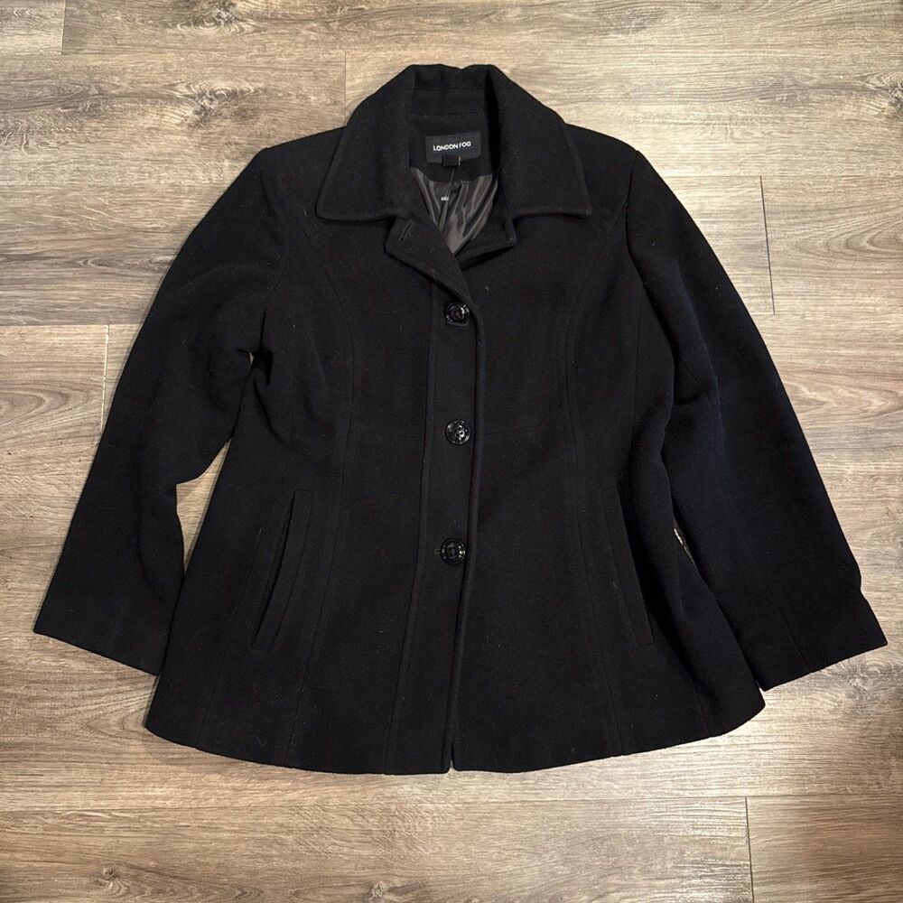 London Fog Women Wool Blend Button Front Single Breasted Black Pea Coat Size XL